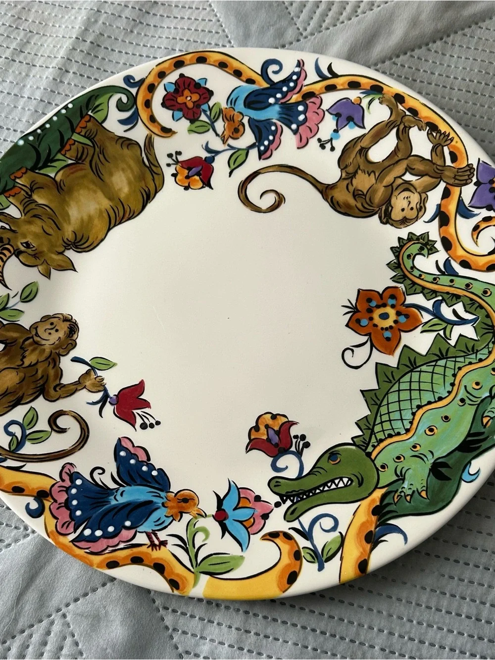 Hand-Painted Ceramic 12” Plate with Multicolor Animal Motif Cottage Collection